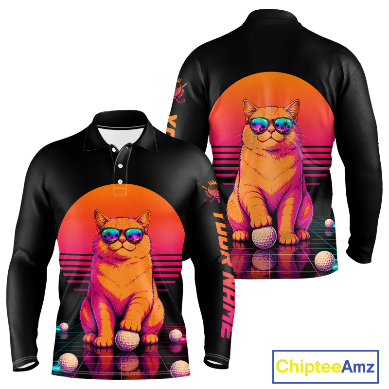 Personalized Funny Cat Mens Golf Polo Shirt – Vintage Neon Golf Design