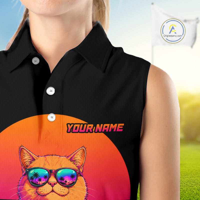 Personalized Funny Cat Womens Sleeveless Golf Polo Shirt – Vintage Neon Golf Design NHT992