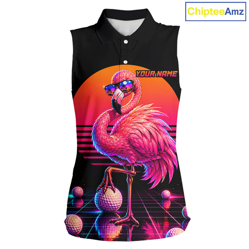 Personalized Funny Flamingo Womens Sleeveless Golf Polo Shirt – Vintage Neon Golf Design NHT994