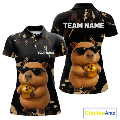 Two polo shirts with a capybara holding a bowling ball design, one with 'Your Name' and the other with 'Team Name'.