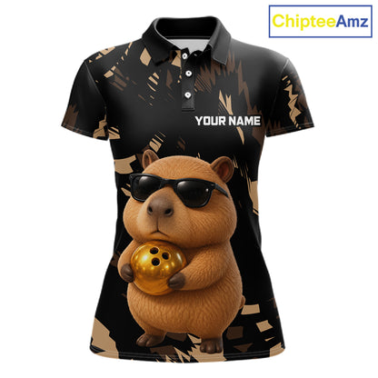 Funny Capybara Bowling Custom Polo Shirt, Quarter Zip Jersey, Personalized Team Name  