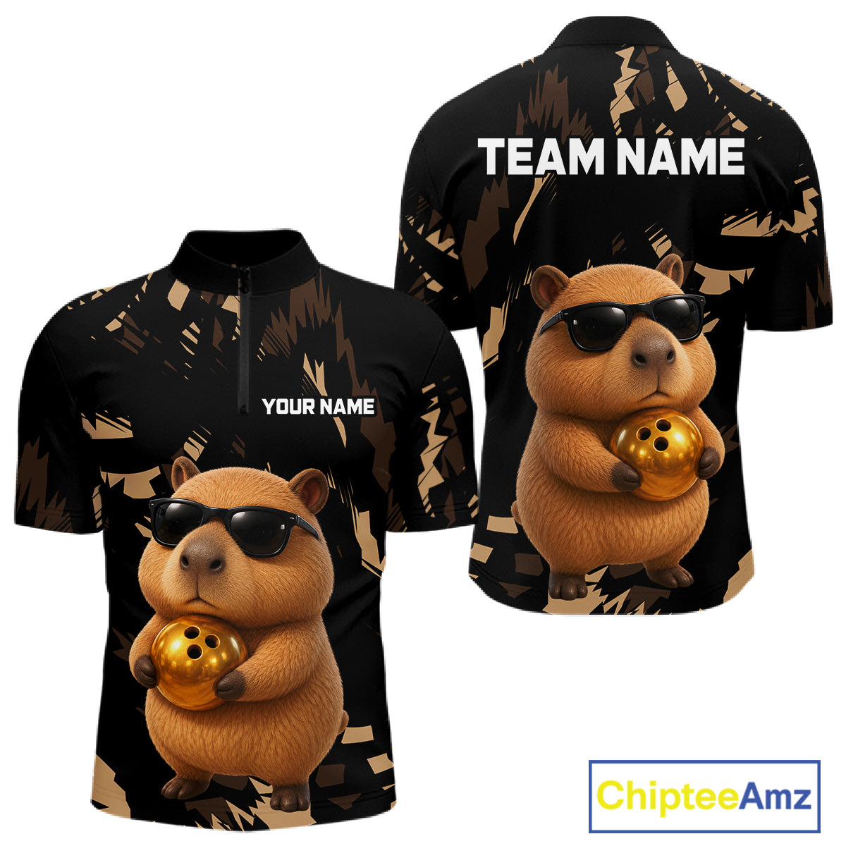Two black shirts with a capybara holding a gold ball design, one with 'Your Name' and 'Team Name' text, the other with 'Chiptee Amz' branding.