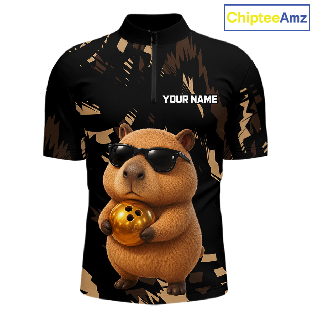 Black polo shirt with a capybara holding a gold ball design and 'Your Name' text, brand 'ChipteeAmz' visible.