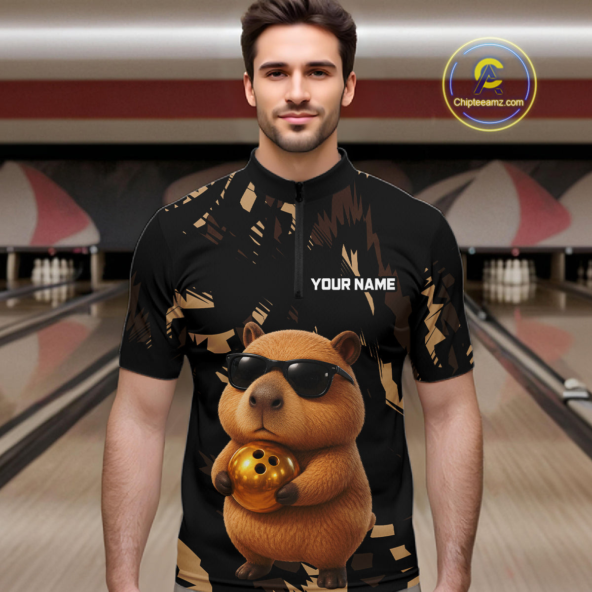 Funny Capybara Bowling Custom Polo Shirt, Quarter Zip Jersey, Personalized Team Name  