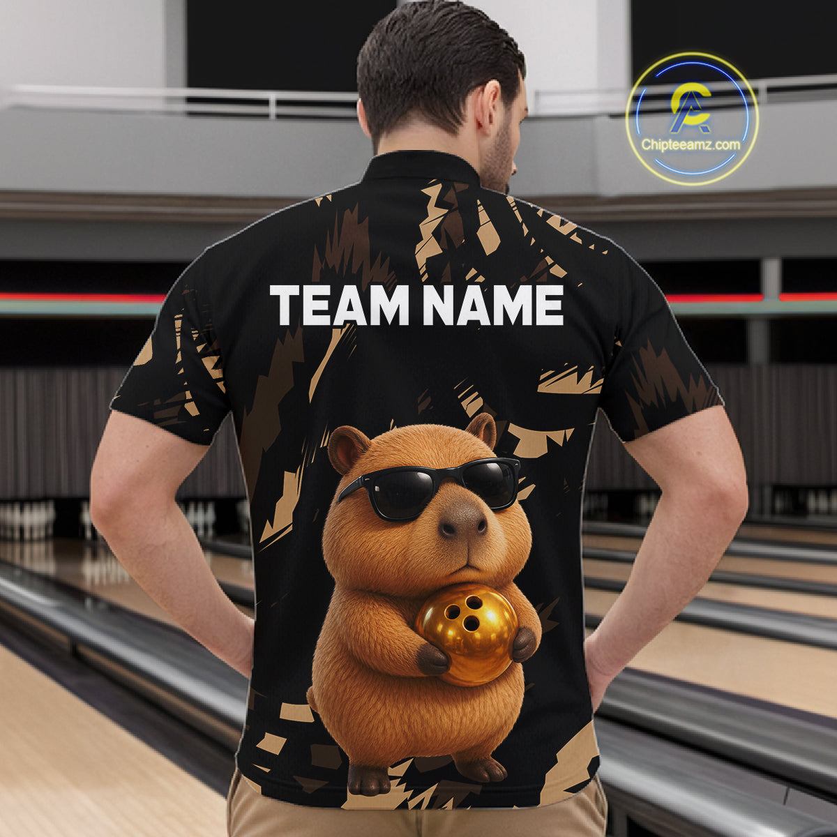 Funny Capybara Bowling Custom Polo Shirt, Quarter Zip Jersey, Personalized Team Name  NHT1158
