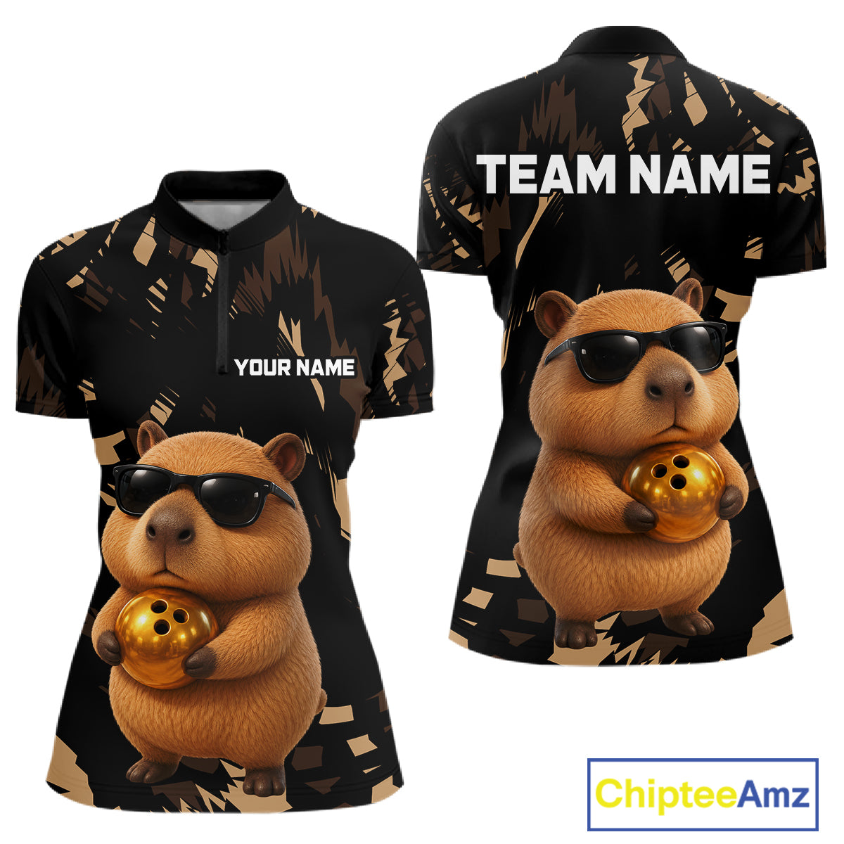 Two polo shirts with a capybara design holding a golden ball, one with 'Your Name' and the other with 'Team Name', on a white background.