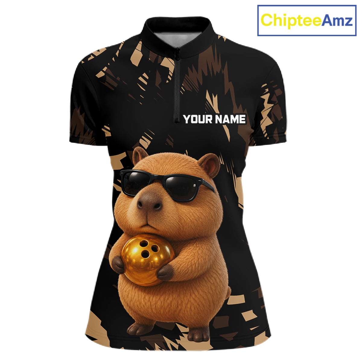 Polo shirt with a capybara design holding a gold ball on a black background, featuring the brand 'ChipteeAmz'.