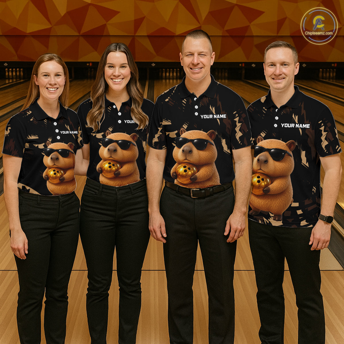 Funny Capybara Bowling Custom Polo Shirt, Quarter Zip Jersey, Personalized Team Name  NHT1158