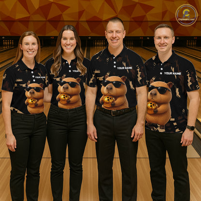 Funny Capybara Bowling Custom Polo Shirt, Quarter Zip Jersey, Personalized Team Name  NHT1158