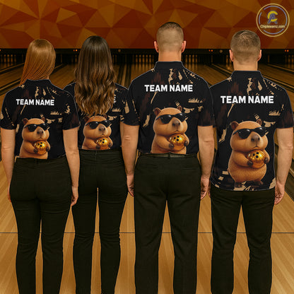 Funny Capybara Bowling Custom Polo Shirt, Quarter Zip Jersey, Personalized Team Name NHT1158