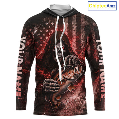 Hooded Custom Team Name Grim Reaper Bass Fishing With American Flag - Patriotic Bass Fishing Jersey|Red NHT629