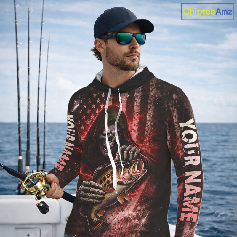 Hooded Custom Team Name Grim Reaper Bass Fishing With American Flag - Patriotic Bass Fishing Jersey|Red NHT629