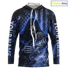Load image into Gallery viewer, Hooded Custom Team Name Grim Reaper Bass Fishing With American Flag - Patriotic Bass Fishing Jersey|Yellow NHT630