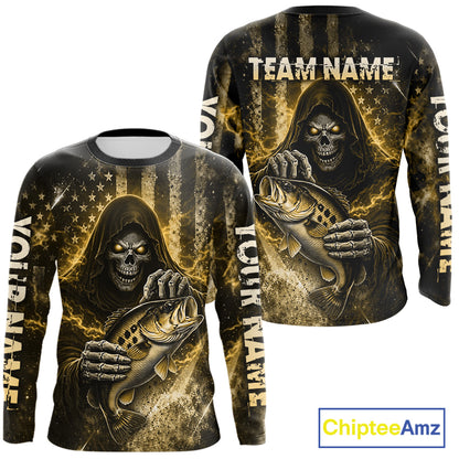 Custom Team Name Grim Reaper Bass Fishing With American Flag - Patriotic Bass Fishing Jersey|Blue NHT631