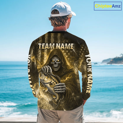 Custom Team Name Grim Reaper Bass Fishing With American Flag - Patriotic Bass Fishing Jersey|Blue NHT631