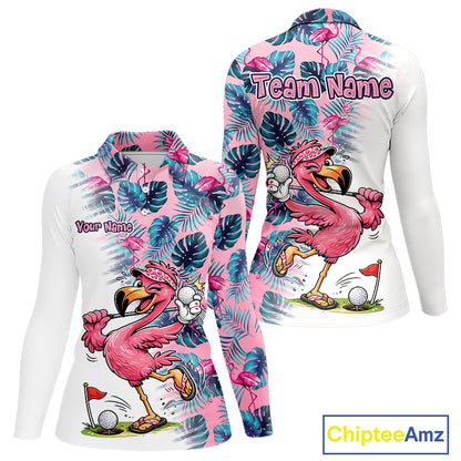 Funny Pink Flamingo Tropical With Pattern Flamingo Golf Polo Shirt Custom Golf Shirts For Womens NHT649