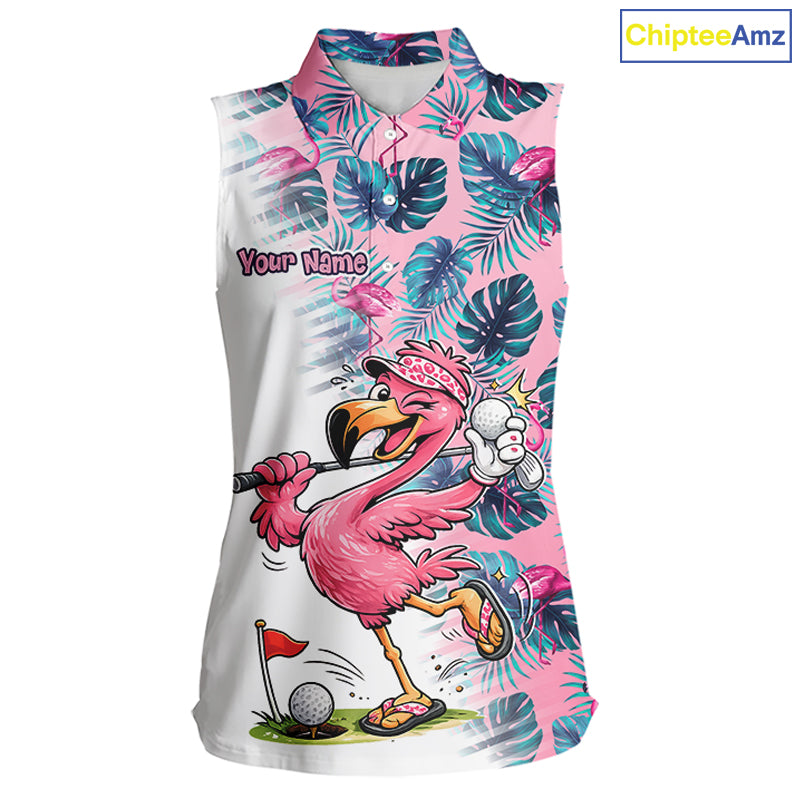 Funny Pink Flamingo Tropical With Pattern Sleeveless Womens Flamingo Golf Polo Shirt Custom Golf Shirts For Womens NHT649