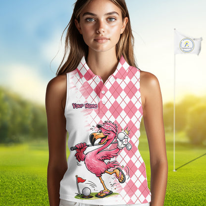 Funny Pink Flamingo Argyle Pink Pattern Sleeveless Womens Golf Polo Shirt Custom Golf Shirts For Womens NHT650