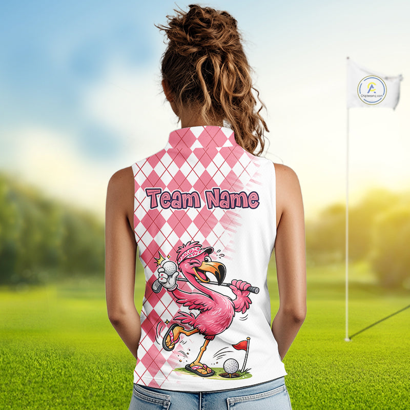 Funny Pink Flamingo Argyle Pink Pattern Sleeveless Womens Golf Polo Shirt Custom Golf Shirts For Womens NHT650