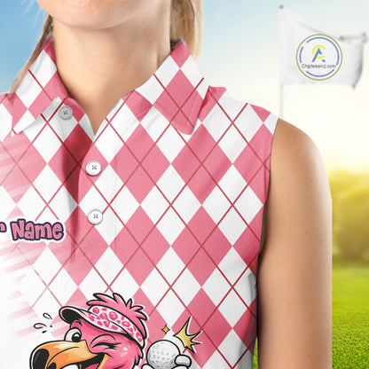 Funny Pink Flamingo Argyle Pink Pattern Sleeveless Womens Golf Polo Shirt Custom Golf Shirts For Womens NHT650