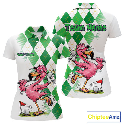 Funny Pink Flamingo Argyle Green Pattern Golf Polo Shirt Custom Golf Shirts For Womens NHT651