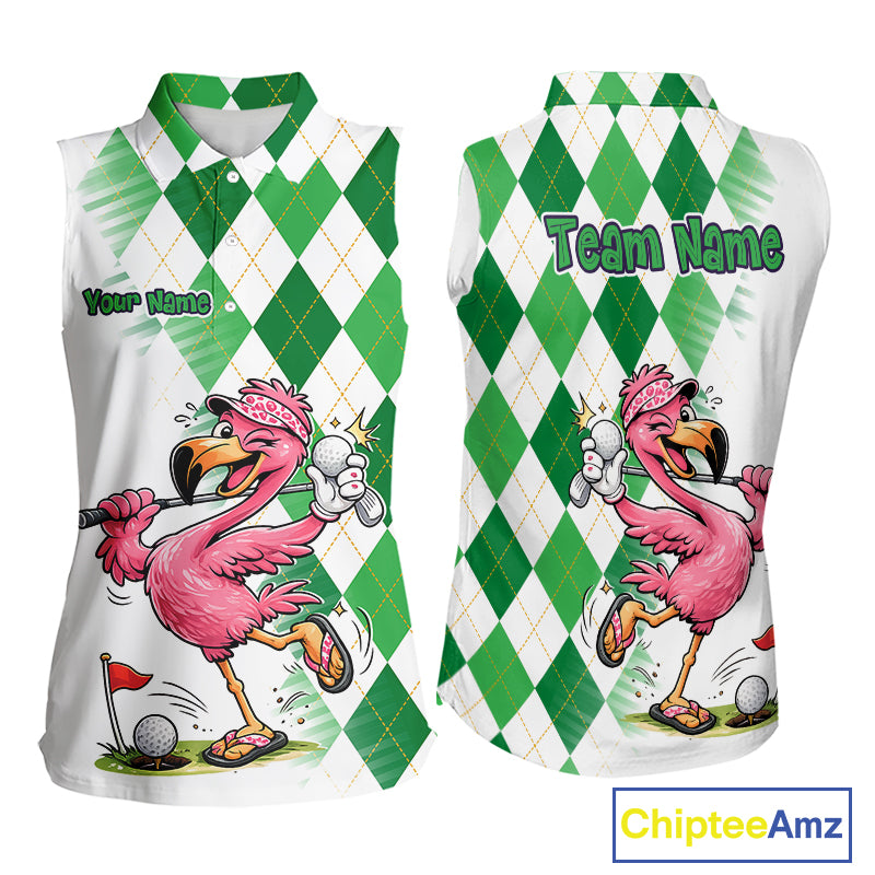 Funny Pink Flamingo Argyle Green Pattern Sleeveless Womens Golf Polo Shirt Custom Golf Shirts For Womens NHT651