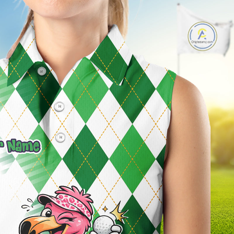 Funny Pink Flamingo Argyle Green Pattern Sleeveless Womens Golf Polo Shirt Custom Golf Shirts For Womens NHT651