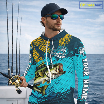 Custom Hooded Largemouth Bass Fishing Long Sleeve Tournament Shirts, Bass Fishing Shirts For Men NHT508