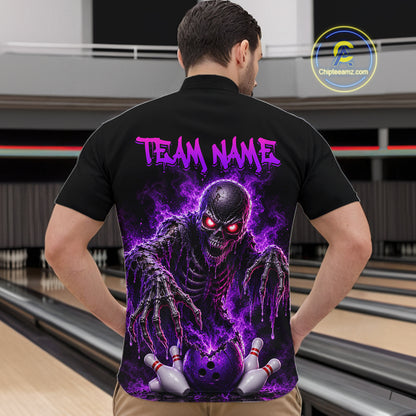 Personalized Men Bowling Jersey Custom Name Team Name Purple Skeleton Bowling Polo Shirt Tournament Gift NHT1317