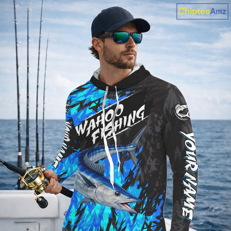 Personalized Wahoo Blue Long Sleeve Performance Fishing Shirts, Fishing Shirt For Men NHT454