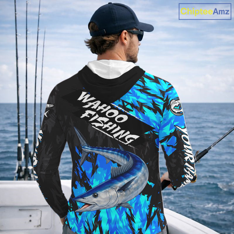 Personalized Wahoo Blue Long Sleeve Performance Fishing Shirts, Fishing Shirt For Men NHT454