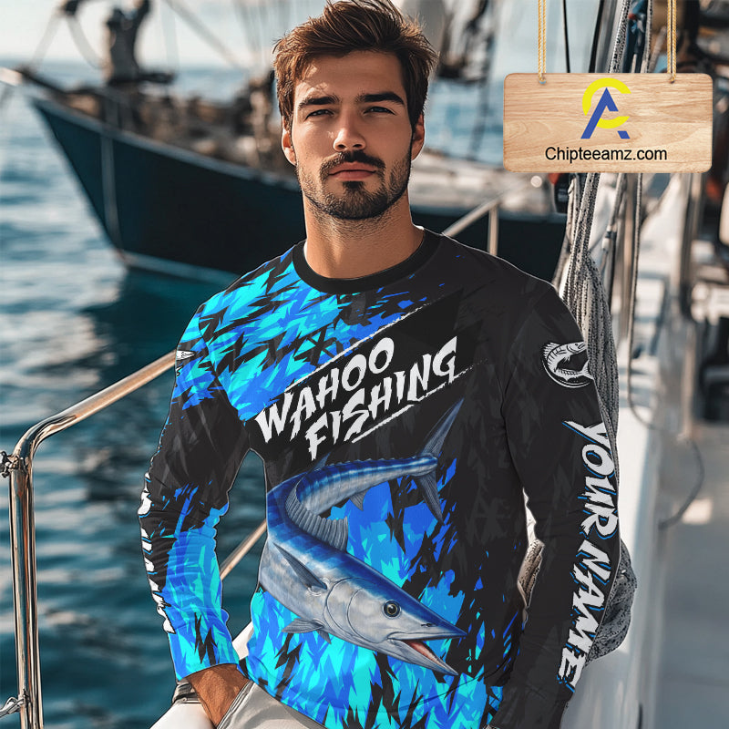 Personalized Wahoo Blue Long Sleeve Performance Fishing Shirts, Fishing Shirt For Men NHT454