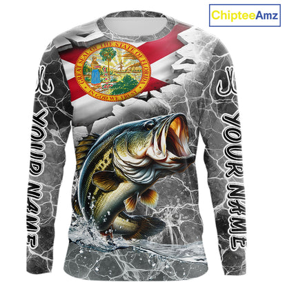 Florida Largemouth Bass Camo Gray Custom Long Sleeve Performance Fishing Shirts, Florida Flag Fishing Jerseys NHT657