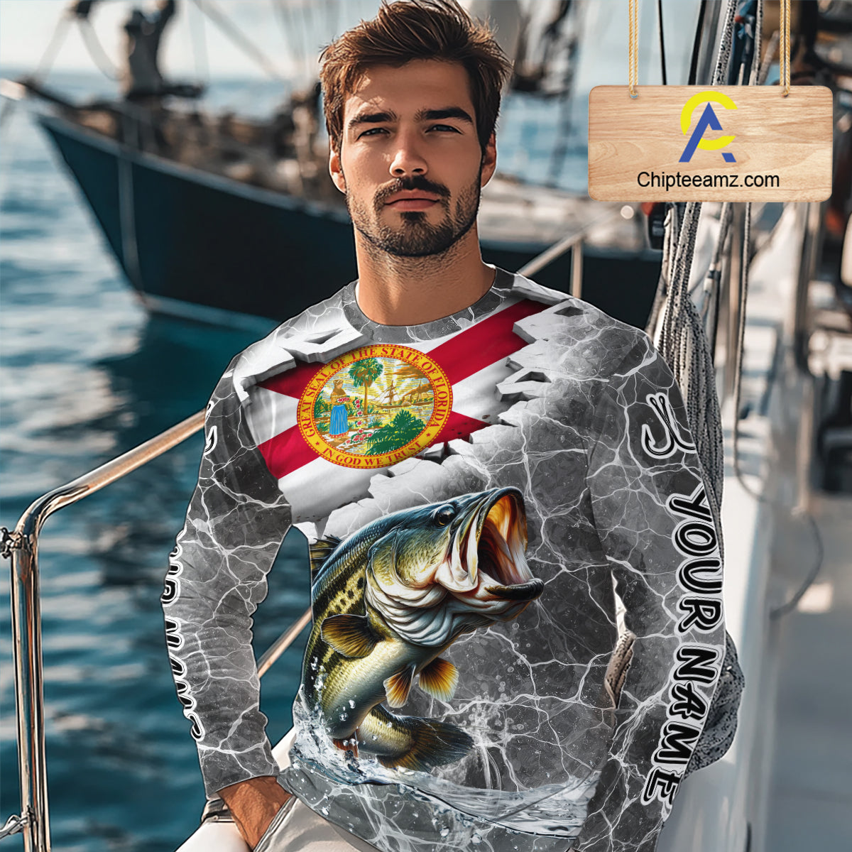 Florida Largemouth Bass Camo Gray Custom Long Sleeve Performance Fishing Shirts, Florida Flag Fishing Jerseys NHT657