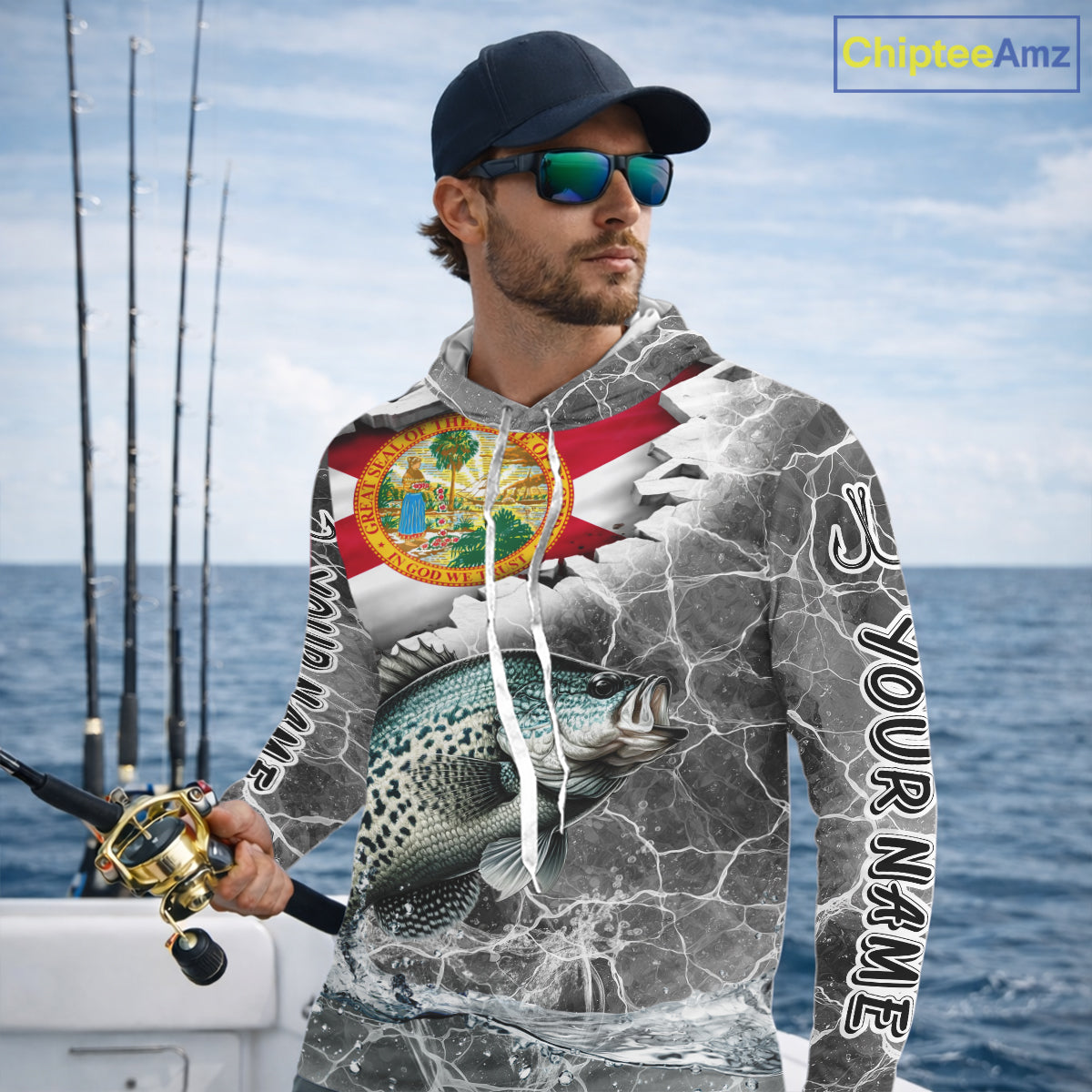 Florida Crappie Camo Gray Custom Long Sleeve Hooded Performance Fishing Shirts, Florida Flag Fishing Jerseys NHT658