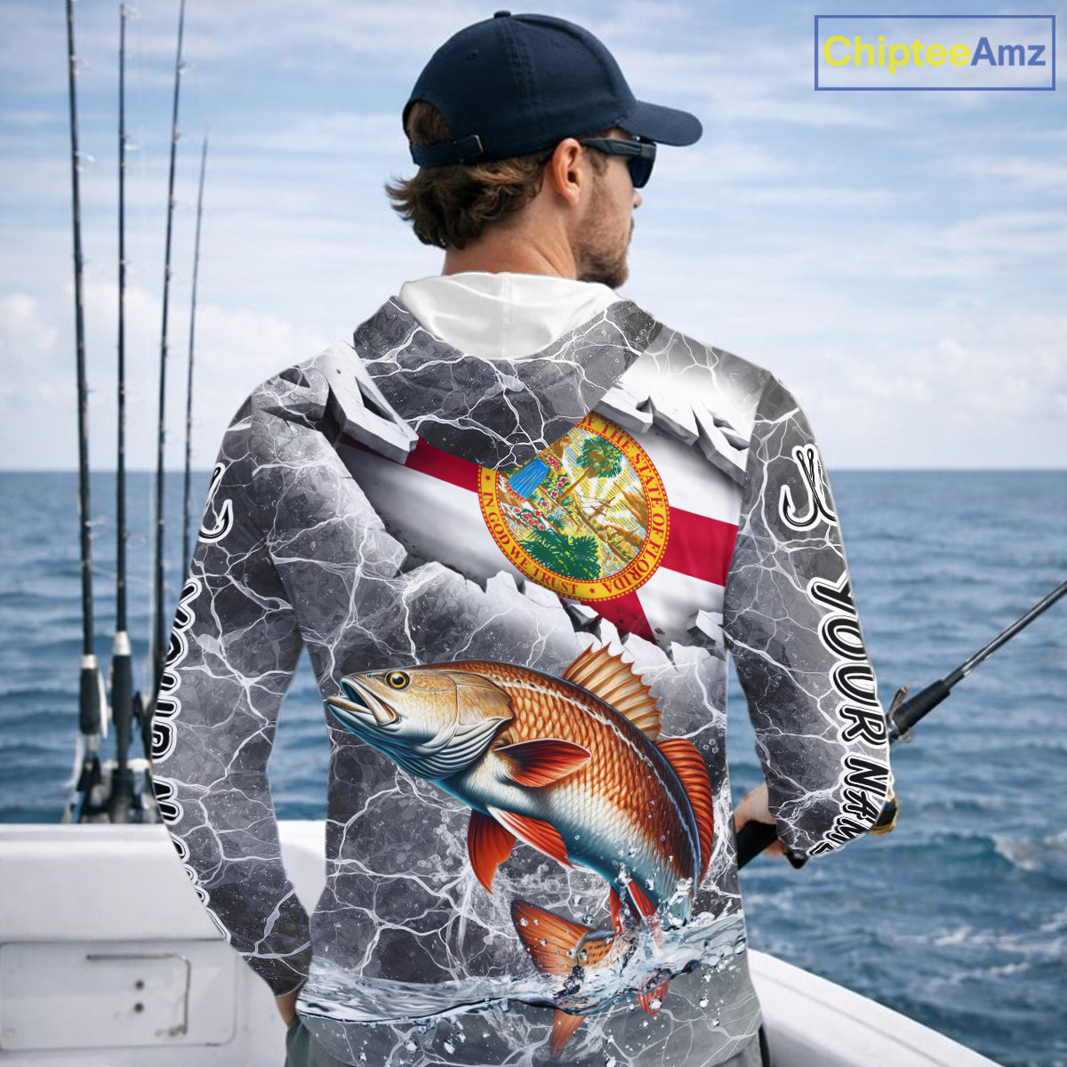 Florida Redfish Camo Gray Custom Long Sleeve Hooded Performance Fishing Shirts, Florida Flag Fishing Jerseys NHT660