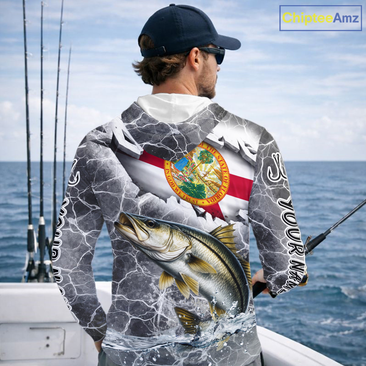 Florida Snook Camo Gray Custom Long Sleeve Hooded Performance Fishing Shirts, Florida Flag Fishing Jerseys NHT661