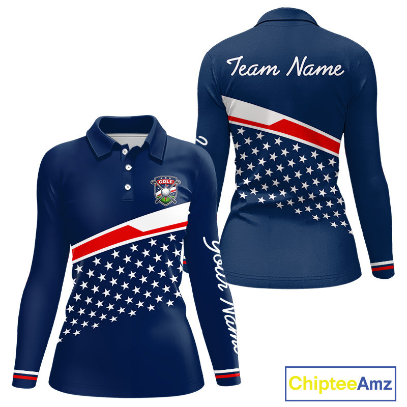 Blue Navy American Flag Womens Golf Polo Shirts Custom Patriotic Team Golf Shirts For Womens Golf Gifts NHT693