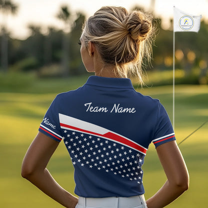 Blue Navy American Flag Womens Golf Polo Shirts Custom Patriotic Team Golf Shirts For Womens Golf Gifts NHT693