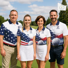 Load image into Gallery viewer, Women's Patriotic Golf Polo Shirt – USA Flag Golf Apparel, Red White Blue Performance Polo NHT1048