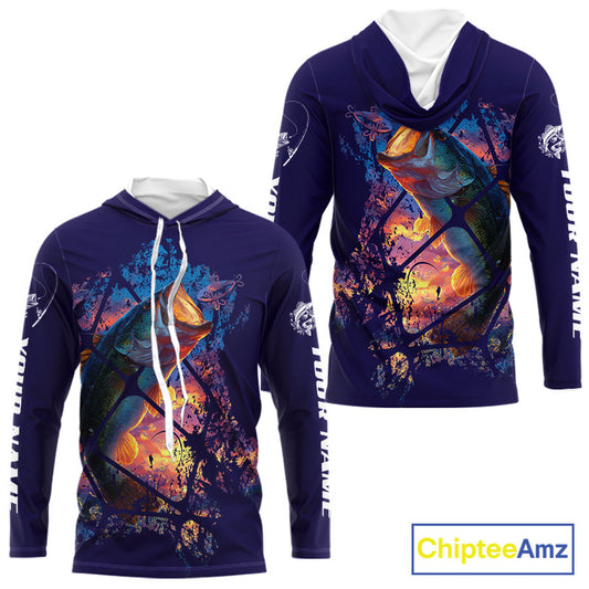 Largemouth Bass Artistic Long Sleeve Hooded Fishing Shirts Personalized Name NHT399