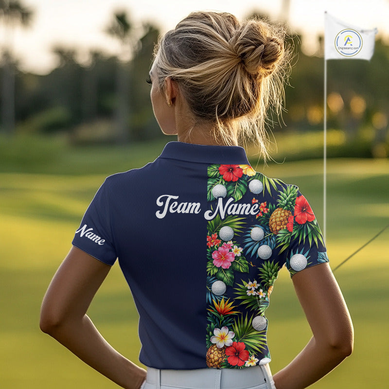 Womens Golf Polo Shirt Green Tropical Flower Leaves Custom Name Golf Polo Shirts, Golfing Gift NHT720
