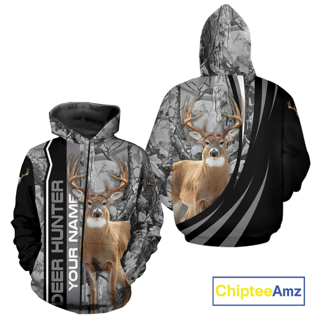Deer Hunting Camo Custom Name 3D All Over Print Shirt Gray Black, Best Deer Hunting Shirt NHT210
