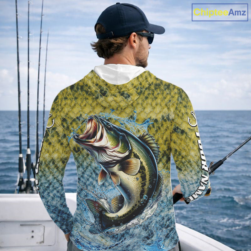 Largemouth Bass Fishing Shirts Long Sleeve Hooded, Beautiful Bass Fishing Shirts For Men NHT403