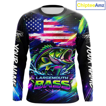 Personalized Bass Fishing Jerseys, Custom American Flag Fishing Shirts Long Sleeve For Men NHT458