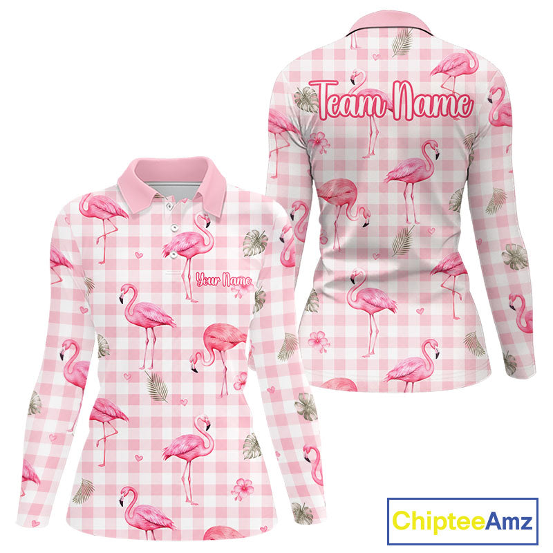 A long-sleeve polo shirt shown from both front and back views on a white background. The shirt features a pink and white gingham pattern with pink flamingos and small palm leaves, and customizable text areas on the front and back reading 'Team Name' and 'Team Logo'.