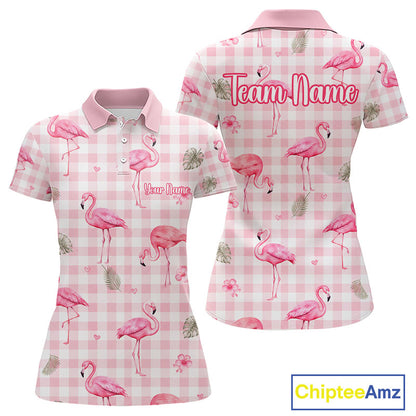 Front and back views of a women's short-sleeve polo shirt with a pink flamingo and gingham pattern, featuring customizable text on the chest and back, shown on a white background with a ChipteeAmz logo.