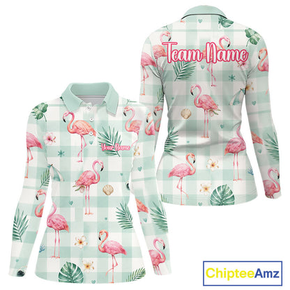 Front and back views of a long-sleeve polo shirt featuring a light green and white gingham pattern with pink flamingos, green palm leaves, and small white flowers. The back has 'Team Name' printed in pink script, and a 'ChipteeAmz' logo is visible in the bottom right corner.