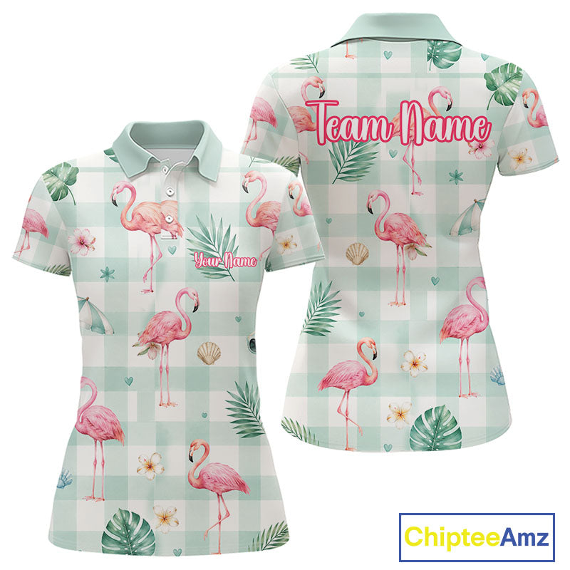 A women's short-sleeve polo shirt shown from both front and back, featuring a mint green and white gingham pattern with pink flamingos, green palm leaves, small flowers, and customizable text reading 'Team Name' and 'Your Name'.