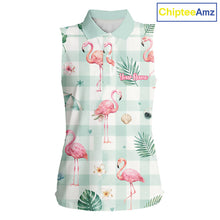Load image into Gallery viewer, Personalized Flamingo Golf Polo Shirt, Mint Plaid Custom Name Team Shirt, Womens Sleeveless Golf Polo Gift NHT1217